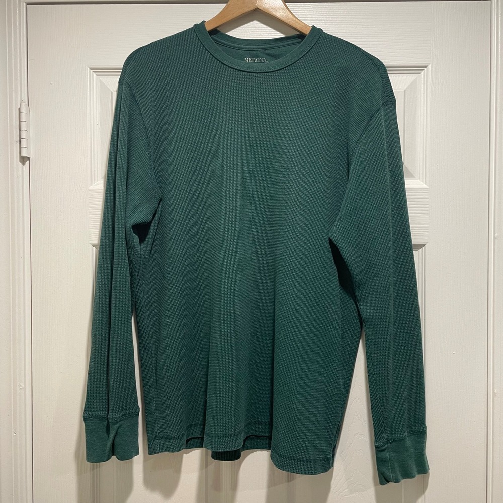 Merona Mens Thermal Shirt Size XL Green Cotton Blend Waffle Knit Long Sleeve Tee